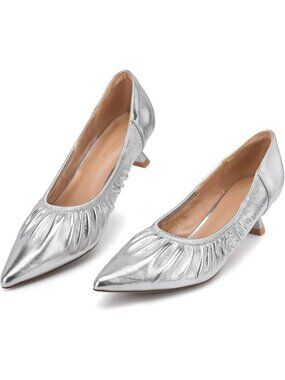 Silver Kitten Heel Pleated Wedding Pumps Pointed Toe Slip On Dress Shoes